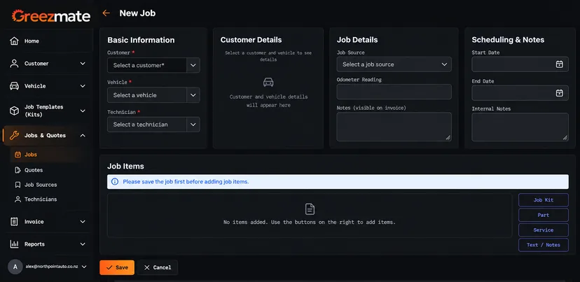 New job screen with customer, vehicle, technician and job items