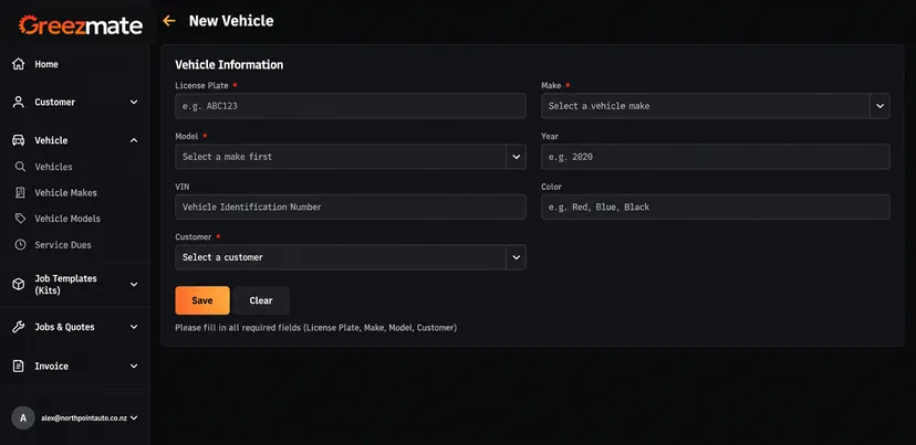 New vehicle form with licence plate, make, model, year, VIN and customer
